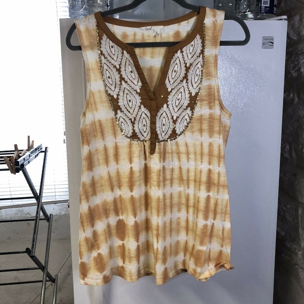 Anthropologie Floreat Blouse Womans Sleeveless V Neck Top S Brown Tie Dye